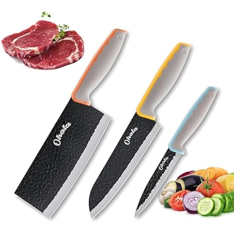 3PCS Kitchen Knvies, Includes 7 inch Chef Knife, 7 inch Cleaver Knife and 4.5 inch Boning Knife, Stainless Steel Blade with Ergonomic Rubber Handle, Dishwasher Safe (Orange, Yellow, Blue) Cover