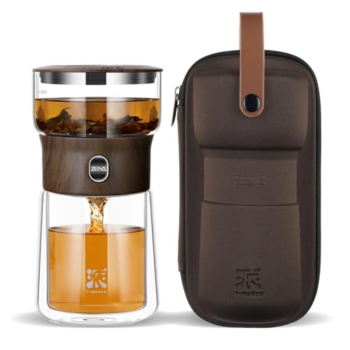 Image of ZENS Modern Glass Tea Infuser Teapot, Smart One Touch Tea Maker for Loose Tea Diffusers with Insulated Mug and Cute Portable Walnuts Tea Kits for Tea Lover Gifts