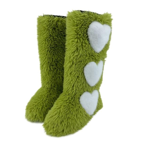 Faux Fur Boots for Women Knee High Y2K Fluffy Long Furry Outdoor Fuzzy Boots with Heart Rave Cute