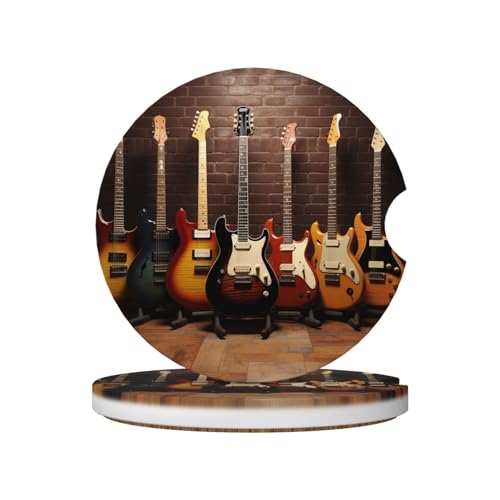 Guitar Collection Car Coasters for Cup Holders,2 Pack Absorbent Ceramic Car Cup Coaster with Anti Slip Cork Base,2.56" Car Cup Holder Coaster Set Drink Coasters for Women Men