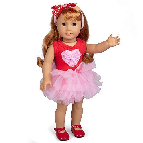 Dress Along Dolly Pink Heart Outfit (3 Piece Set) - Premium Handmade Clothes for American Girl & 18" s - Includes Headband, & Shoes