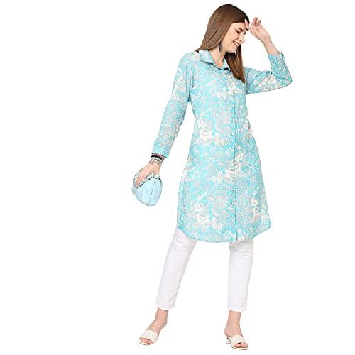 Image of CLOTH HAUS INDIA Floral Printed Shirt Collar Modal Kurti