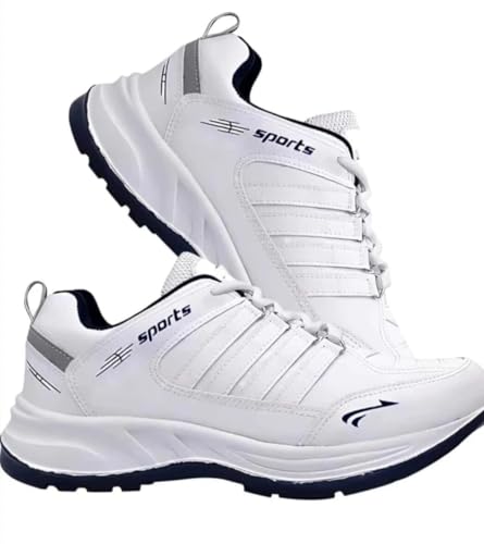 Image of Men's Sports Running Shoes, White and Navy, Memory Foam Insole, Lace-up Closure, Size 6 UK