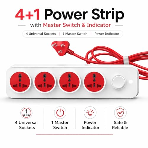 Image of Arji 6 Amp Extension Board with 2 Metre Heavy Duty Copper Cord | 4 Socket Power Strip | Multi Plug Extension for Home & Office
