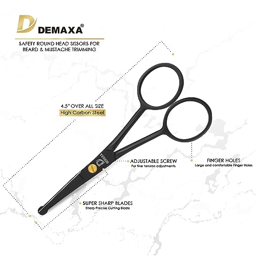 Image of DEMAXA 4.5 inch Round Tip Safety Mustache Scissors Beard Scissors with 1 Mustache Comb, 1 Beard Comb & Soft Pouch - Best Facial Hair Shears for Beard Mustache Trimming Nose & Ear Hair