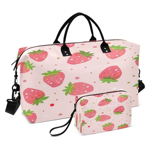 Pink Strawberry Cute Travel Duffel Bag, Shoulder Weekender Overnight Bags - Large Gym Bag with Wet Pocket