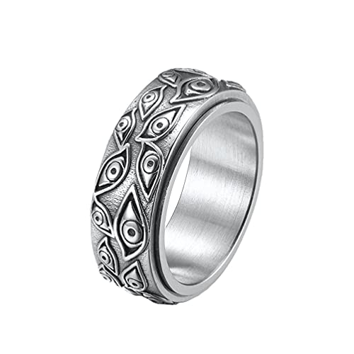 OAKKY Gravée Démon Oeil de Dieu Rotatif Bague Homme Acier Inoxydable Qui Voit Tout Bouger Rétro Cool Gothic Mauvais Les Yeux Band Argent Taille 60 Cover