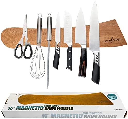 Magnetic knife holder for wall no drill - 16" Wooden knife magnetic strip no drilling option w/adhesive backing & drilling hardware | Magnetic knife strip | kitchen knife organizer rack -Dark Brown