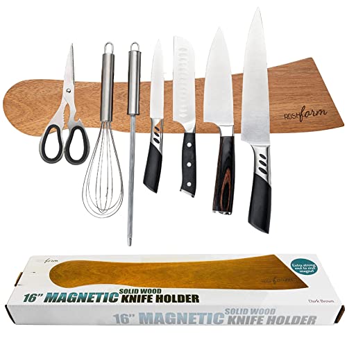 Magnetic Knife Holder For Wall No Drill - 16" Wooden Knife Magnetic Strip No Drilling Option W/Adhesive Backing & Drilling Hardware | Magnetic Knife Strip | Kitchen Knife Organizer Rack -Dark Brown #TOP21