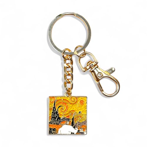 Image of Van Gogh Keychain for Men & Women, Starry Night & Wheatfield Painting Aesthetic Keychains, Handcrafted, Durable Anti-Tarnish Metal Key Ring for Car, Bike, Travel, Bags, Gifting