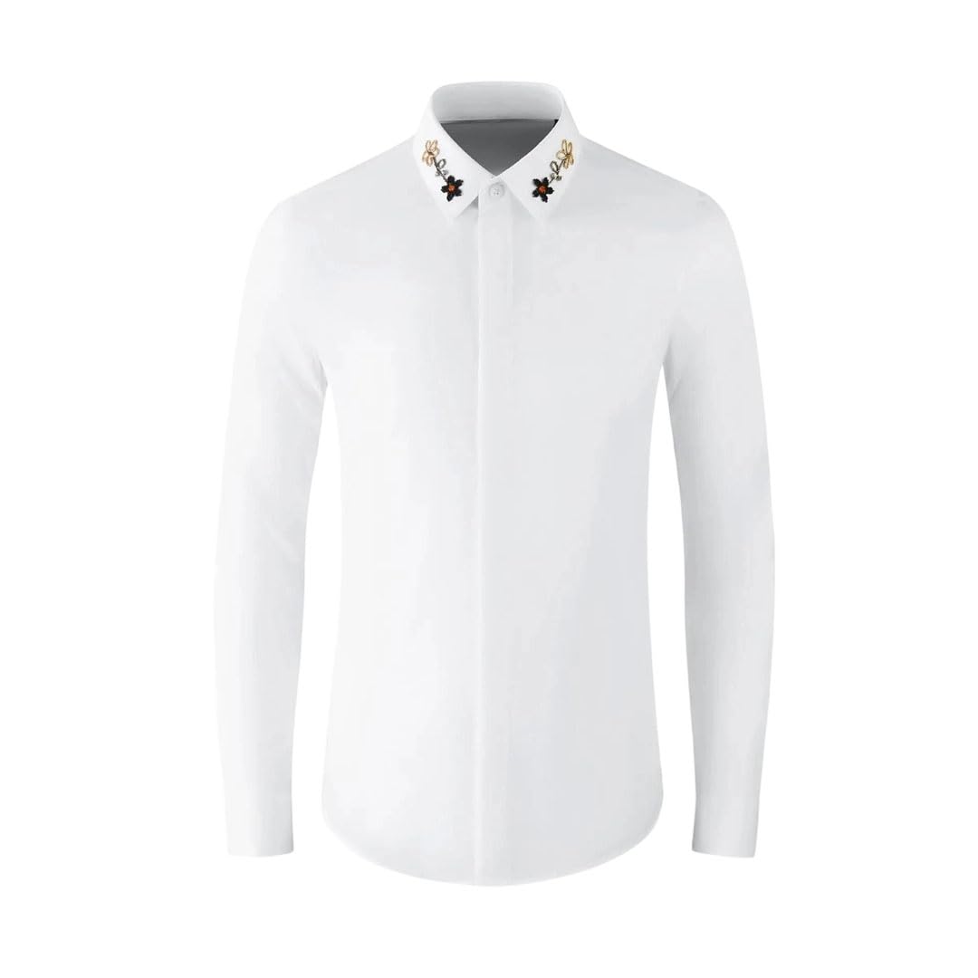 Men Beading Collar Cotton Long Sleeve Solid Color Slim Fit Shirt Business Casual Party Dress Male Top