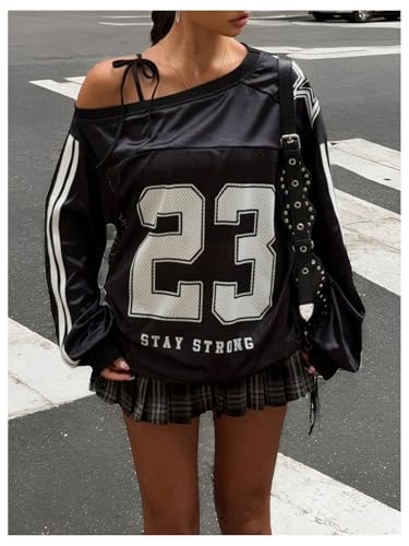 MakeMeChic Women's Striped Number Print Jersey Shirt Asymmetrical Neck Long Sleeve Summer Y2K Tee Top2