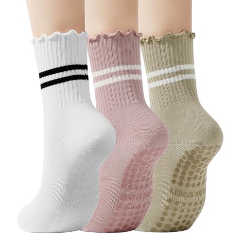 Image of American Trends Pilates Crew Socks for Women with Grips, Non Slip Ruffle Sock for Yoga Barre and Workout