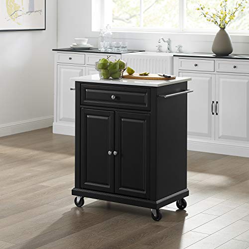 Crosley-Furniture-Compact-Stone-Top-Small-Rolling-Cart-with-Shelves-Microwave-Stand-with-Towel-Rack-Black Crosley Furniture Compact Stone Top Small Rolling Cart with Shelves Microwave Stand with Towel Rack Black