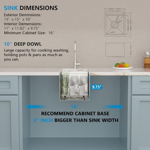 Image of 13 inchx15 inch Bar Prep Sink Undermount Workstation | 16 Gauge T304 Stainless Steel Under Counter Single Bowl Small Basin for RV Kitchen Wet Bar Prep Outdoor Station