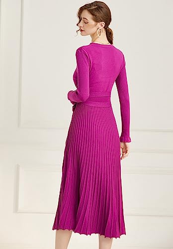 Image of RanRui Womens Winter Fall Pleated Knitted Fit and Flare Long Sleeve Sweater Dress