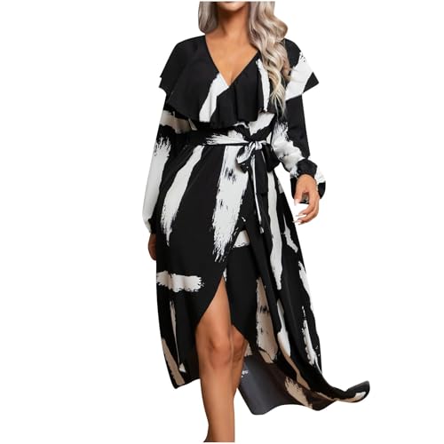 viwoeim Plus Size Dress Women Spring Long Maxi Dresses V Neck Long Sleeve Ruffles Dress Belted 2025 Fashion Personalized Dress