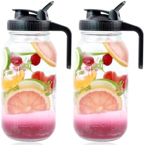 Mason Jar Pitcher Wide Mouth 64 Oz (2 Pack) Glass Pitcher With Pour Spout Lid 2 Quart Airtight Leakproof Water Pitcher With Handle And Flip Cap Lid For Iced Beverages, Iced Coffee, Milk, Lemonade Cover