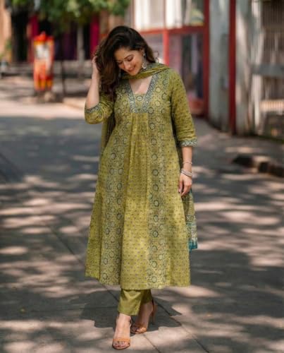 Image of ANNI Designer Women's Viscose Printed A-Line Kurta Set with Pant and Dupatta | Green Ethnic Wear | V-Neck | 3 /4 Sleeve Indian Traditional Outfit for Women