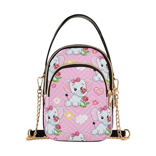 Women Single Shoulder Purse Quilted Chain Strap Cell Phone Handbag Chic Zipper Bowler Tote Ladies Satchel Cute Cartoon Elephants Pink