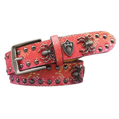 Engraved Spider Rivets Studded Belt Punk Unisex Crocodile Pattern Print Waist Strap Fashion Accessory for Unique Outfits(105cm/41, Red)