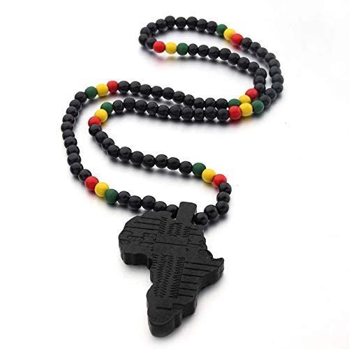 COLORFUL BLING Multicolor 8MM Wooden Bead Chain African Hip-hop Africa Map Pendant Necklace for Men Boys Natural Wood Jewelry