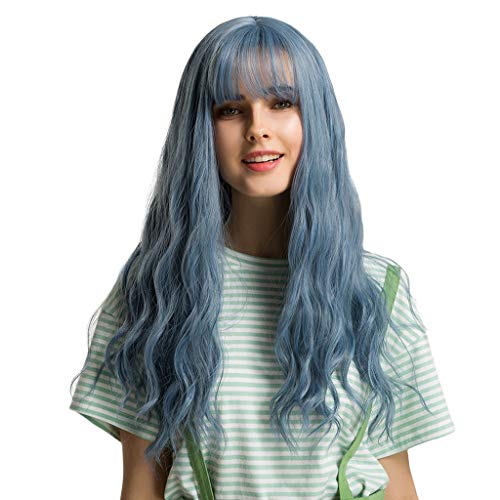 24 '' Moda Feminina Peruca Longa Cheia W/Bangs Curly Ondulado Cosplay Festa Peruca Azul