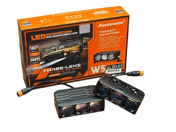 Image of Aozoom W5 LED Auxiliary Driving Lights, 180W Dual Beam External Lamp, 3-Lens Optical Glass Design, White & Yellow Light, Waterproof Off-Road Fog Light for Car, SUV, Truck