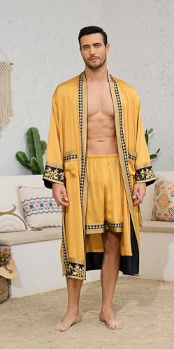 Men's Satin Robe with Shorts Set Silky Kimono Bathrobe Lightweight Soft 2 Piece Open Front Long Cardigan Sleepwear2