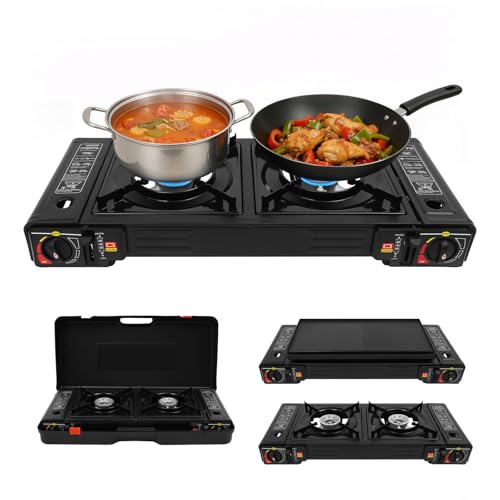 TONFEION Hornillo de gas de camping de 2 quemadores con plancha y cartucho de gas, estufa de gas portátil para camping, 2500 W por quemador, válvula de protección contra sobrepresión integrada