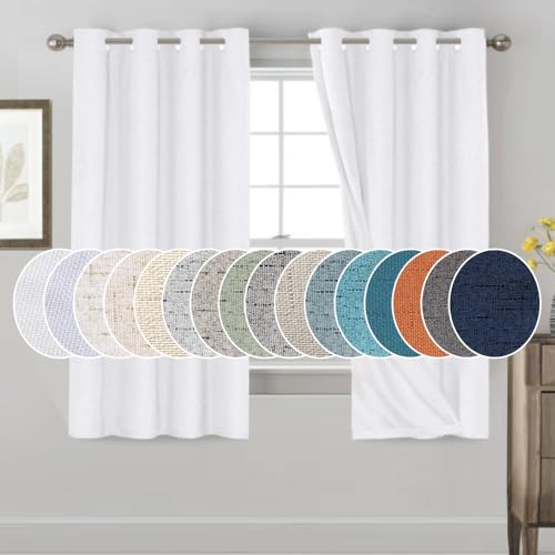 Image of PrinceDeco White Blackout Curtains 63 Inches Long Short Blackout Curtains 2 Panels Sets for Bedroom Living Room Grommet Full Light Blocking Linen Curtains Energy Saving with White Liner