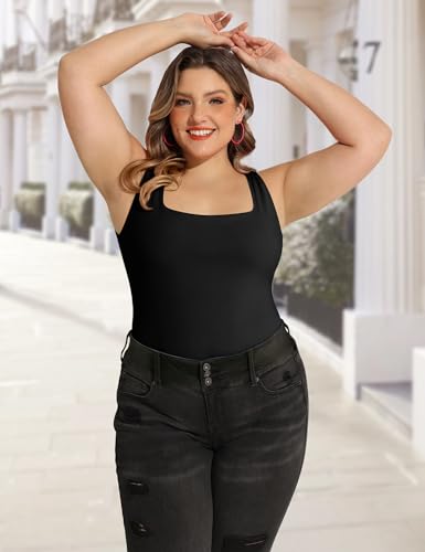 Image of FOREYOND Plus Size Bodysuits for Women Short Sleeves Square Neck Body Suit Tops Casual Basic Slim Fit Shirts Leotards