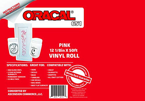 12.125" x 50ft Roll of Oracal 651 Pink Craft Vinyl - On a 2.5" Core - Adhesive Vinyl for Cricut, Silhouette, and Cameo Cutters - Gloss Finish - Outdoor and Permanent