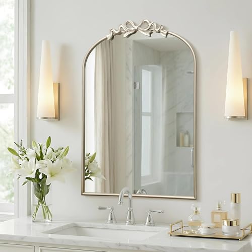 Image of Besdomus Vintage Arched Gold Mirror: 24x36 Large Silver Bow Vanity Mirror | French Antique Baroque Metal Framed - Traditional Ornate for Bathroom /Entryway /Bedroom - Ideal for Master Bath Renovations