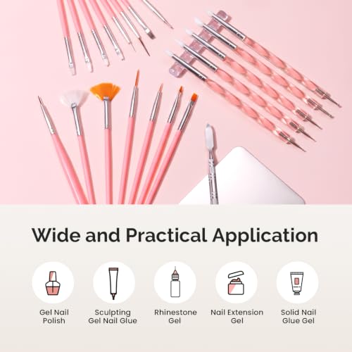 Image of MelodySusie Nail Art Brushes Set, 15 Pcs Pink Nail Brushes, 5 Pcs Dual Tipped Sculpture and Dotting Brushes, Brush Holder, Palette, and Color Mixing Brush, Tools for Manicure Design Home and Salon
