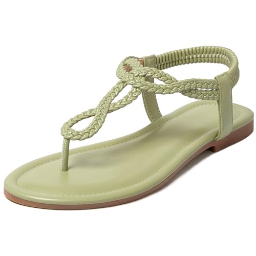 Image of iCKER Womens Braided T‑Strap Flat Sandals Elastic Stretch Ankle Strap | Boho cute casual lightweight and comfort matches dresses for beach vacation
