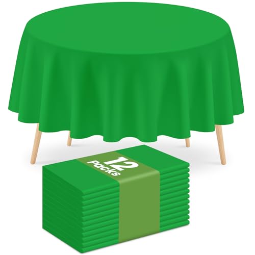 Image of Mulbozy 12 Pack Green Round Tablecloth, 84 Inches Plastic Table Cover, Premium Disposable Round Party Tablecloth for Restaurant Dinners, Wedding, Grad Party, Baby Shower, Outdoor Camping