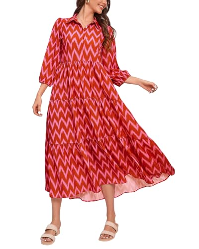 Image of YEXPINE Women Maxi Dresses 3 /4 Sleeve Button Down Print Ruffle Tired Casual Office Dress