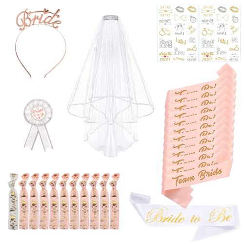 SILARLAIT Gadget para despedida de solteira, 27 peças, kit de despedida de solteira namorada e amigas com 11 banda de noiva/namorada e 11 pulseiras e diadema e véu de noiva & 2 tatuagens e broche
