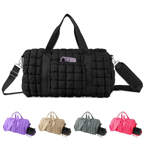 Image of Quilted Travel Duffle Bag Gym Bag for Women,Large Puffer Duffle Weekender Bag with Compartment,Workout Overnight Carry on Organizer Bag Duffle Bag for Airplane Travel(L-Black)
