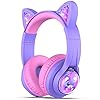 iClever Kids Bluetooth Headphones, Cat Ear Wireless Headphones LED Lights Up, 74/85/94dBA Volume Limited, 45H Playtime, Kids Headphones with Portable Bag for Travel iPad Tablets, Meow Jelly-Purple
