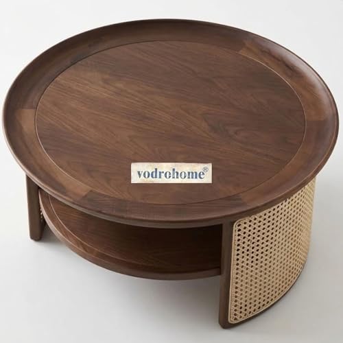 Image of Rattan Coffee Table - Cane Center Table with Shelf for Storage - Bohemian Solid Mango Wood Coffee Table for Office and Living Room C#042 (Walnut Finish)