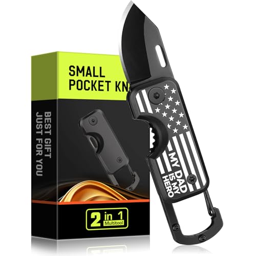 Fathers Day Dad Gifts for Men - Small Pocket Knife American Flag - MY DAD IS MY HERO Gifts for Husband from Wife Folding Keychain Fathers Day Birthday Gift from Daughter Camping Fishing EDC Gadget
