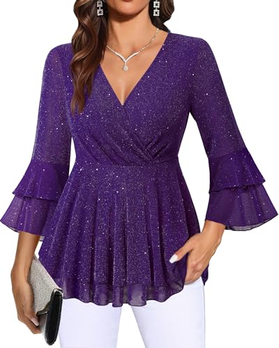 Lotusmile Women's Dressy Blouses Ruffle 3/4 Sleeve Peplum Sparkly Tops3