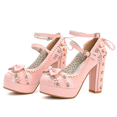 Women Fashion Block High Heels Ankle Strap Platform Maid Mary Jane Pumps Sweet Bownot Lace Lolita Princess Single Shoes2