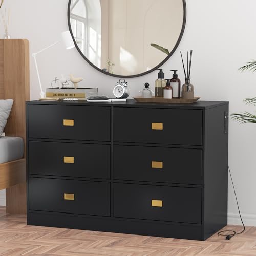 GarveeHome Dresser for Bedroom with 6 Drawers, Changing Table Dresser with Power Outlets, Soft Changing Pad & Removable Top, Baby Changing Table Top for Nursery - Black