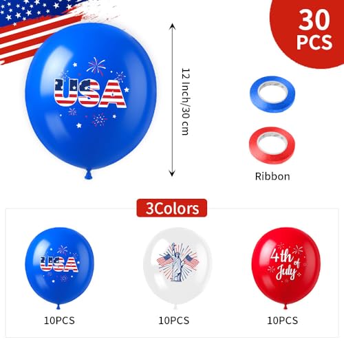 Image of 4th of July Balloons Decorations Red White and Blue Balloons 30pcs with Ribbons Arch Kit Fourth of July Independence Day Memorial Day Party Supplies Veteran Patriotic Anniversary Birthday Gifts