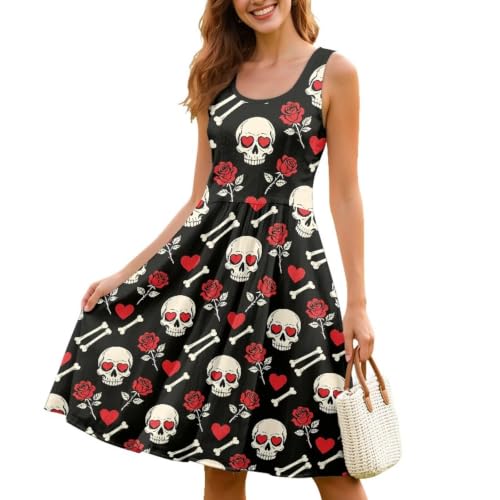Image of Women Stylish Tank Dresses Sleeveless Round Neck Midi Casual Dress with Pocket for Summer