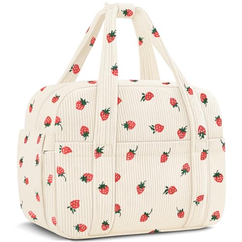 KUBYA コーデュロイランチボックスランチバッグ レディース メンズ かわいいイチゴ 小型 断熱 再利用可能 仕事 漏れ防止 シンプル ランチボックス トートバッグ 大人 クーラーバッグ ショルダーストラップ付き