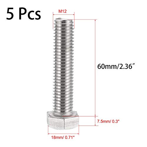 Image of 5 Pcs M12 Hex Bolt M12-1.75 x 60mm UNC Hex Head Screw Bolts A2-70(304) Stainless Steel Fully Threaded Hex Tap Bolts,Plain Finish,Fully Threaded (M12 x 60mm)